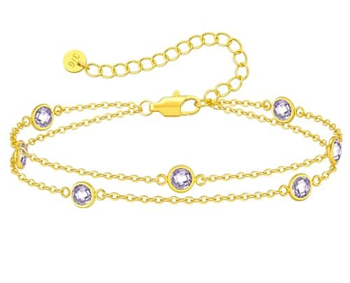 LOUISA SECRET Stainless Steel Double Layer June/Alexandrite Birthstone Bracelet for Women, Tarnish-Resistant Waterproof Adjustable 2-Layer Chain Bracelet
