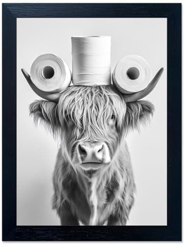 Funny Highland Cow Bathroom Wall Art with Toilet Paper on Head, Humorous Farmhouse Sign for Bathroom Decor, Rustic Black Framed Canvas Print for Restroom Toilet, Ready to Hang 12"x16"