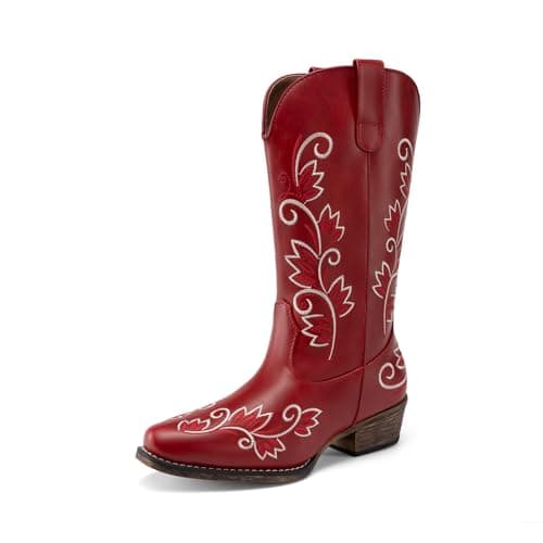 DREAM PAIRS Women's Cowboy Cowgirl Western Mid Calf Boots Square Toe Embroidered Stitched Pull On Country Boots with Low Chunky Heel,Size 7.5,Red,SDMB26002W