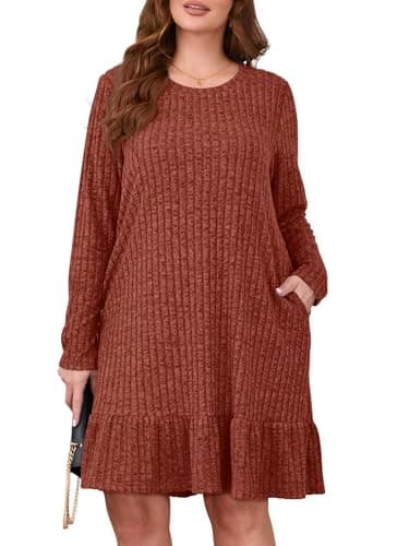 BELAROI Plus Size Sweater Dress Long Sleeve Dresses for Curvy Women Crew Neck Casual Fall Winter Loose Tunic Pockets Ruffle Hem (2X, Caramel)