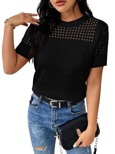RICHSTORY Short Sleeve Sweaters for Women 2026 Casual Round Neck Summer Tops Comfy Lightweight Hollow Out Knit Pullover Sweater Spring Shirts Black Medium
