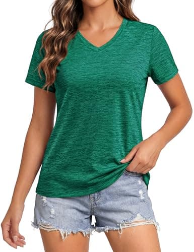 MAGCOMSEN Workout Quick Dry Tops for Women UPF 50+ Sun Protection V Neck Training Yoga T Shirts, Jade Green M