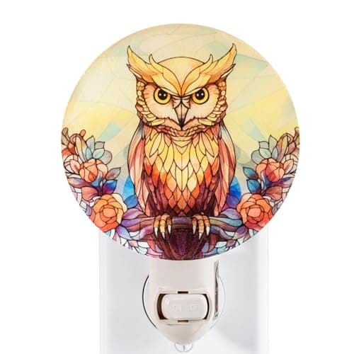 VOUWOWOX Owl Night Light – Vintage Cottagecore Stained Glass Style Plug-in Wall Light, Flat Glass Owl Design for Vertical Outlets, Tiffany-Inspired Décor Gift
