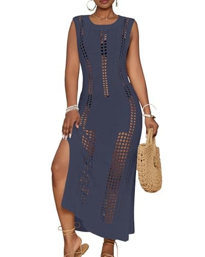 Bsubseach Womens Crochet Beach Cover Ups Sleeveless Swimsuit Dress Blue S