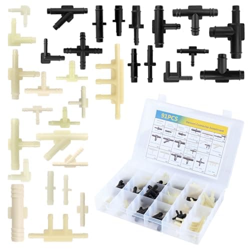 91PCS Car Vacuum Line Connectors Kit with 32 Types,1/8" 3/16" 1/4" 5/16" 3/8" Automotive Vacuum Hose Connector Assortment,Heat-Resistant Vacuums Tubing Connectors Kit