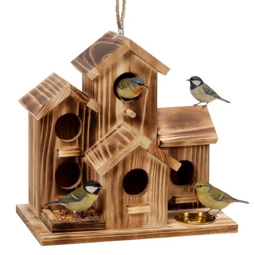 MIXXIDEA Bird House for Outside, 5 Hole Hanging Wooden Birdhouse Feeder