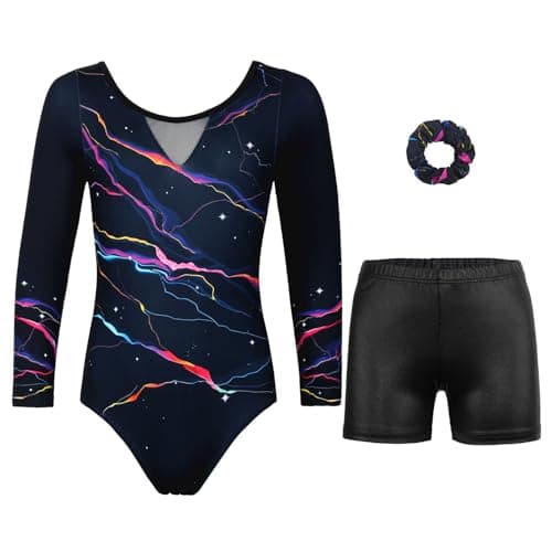 JOYSTREAM Gymnastics Leotards for Girls With Shorts Sparkly Ballet Dance Long Printed Sleeve Outfit 8-9Years,Colorful Lightning