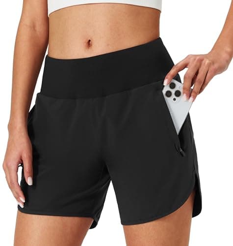 Womens Running Shorts Zipper Pockets High Waisted Quick Dry Athletic Workout Shorts with Liner Black