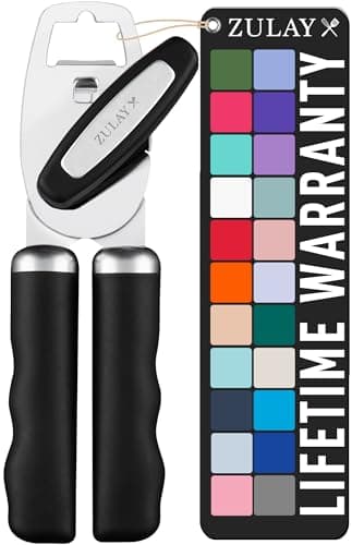 Zulay Kitchen Heavy Duty Stainless Steel Can Opener Manual with Bottle Opener - Rust Proof Manual Can Opener With Turn Knob & Comfy Soft Grip Handles - Black