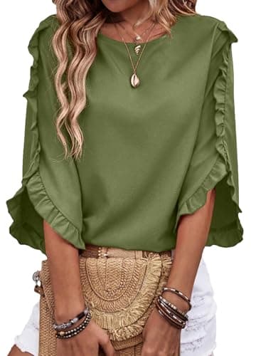 EVALESS 3/4 Length Sleeve Womens Tops Business Casual Crewneck Ruffle Sleeve Blouses Shirts Fashion 2026 Spring Summer Outfits Office Work Tops Green Medium