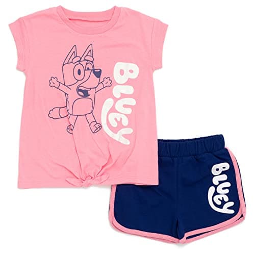 Bluey Toddler Girls T-Shirt and Dolphin Active French Terry Shorts Outfit Set Pink/Blue 4T