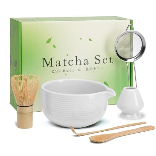 Matcha Whisk Set, Ceramic Matcha Set Includes Matcha Bowl, Matcha Whisk (Chasen) and Holder, Sifter, Bamboo Scoop & Spoon - 6 Pcs Matcha Kit for Matcha Lovers White