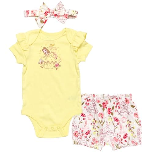 Disney Princess Belle Floral Infant Baby Girls Bodysuit French Terry Bubble Shorts & Headband 3 Piece Set Yellow 24 Months