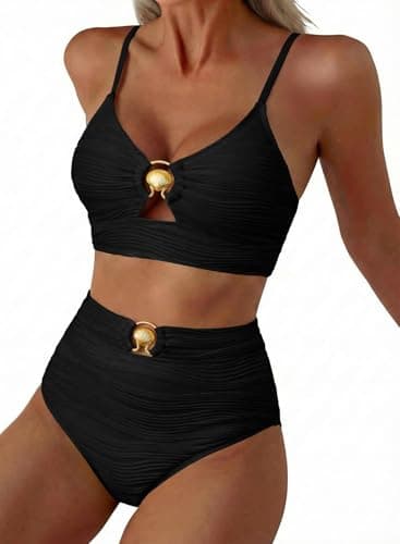 Herseas Women High Waisted Push Up Textured Spaghetti Straps Bikini Black S