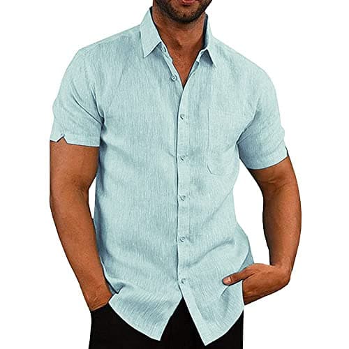 JEKAOYI Button Down Short Sleeve Linen Shirts for Men Summer Casual Cotton Spread Collar Beach Shirts Mint Blue
