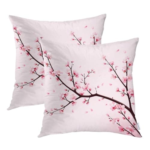Batmerry Flower Pink Plum Decorative Pillow Covers, 22 x 22 Inch Pink Cherry Blossom Flower Double Sided Throw Pillow Covers Sofa Cushion Cover Square 22 Inches(Set of 2)