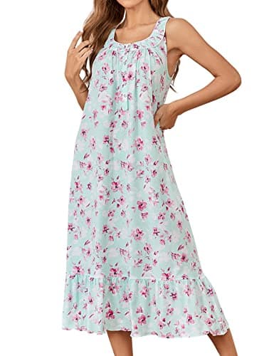 MZROCR Cotton Nightgowns for Women Soft Sleeveless Night Gown for Adult Women Ruffle Sleepwear Water green safflower XX-Large
