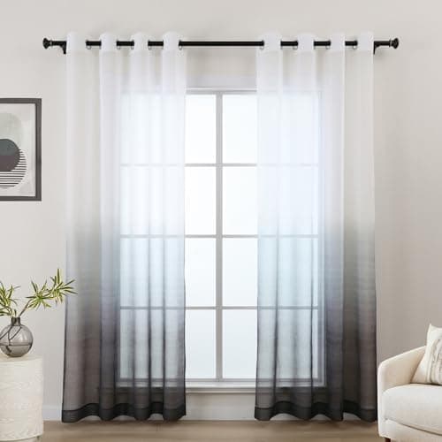 L.Z.E White Grey Ombre Sheer Curtains 96 Inches Long, Transparent Elegant Patterned Curtains for Living Room Bedroom, Linen Textured See-Through Gradient Window Drapes Grommet Top 2 Panels Set