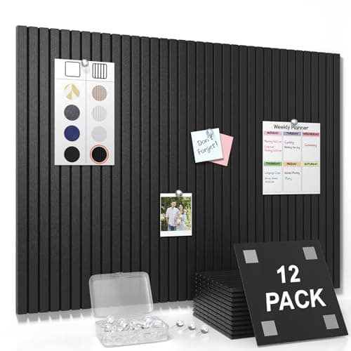 Smarpau Large Felt Bulletin Board 48"x36"- 12 Pack Self-Adhesive Pin Board Tiles with 35 Push Pins & 50 Removable Tabs, Cork Board Alternative for Office, Classroom, Home & Kitchen Decor-Black