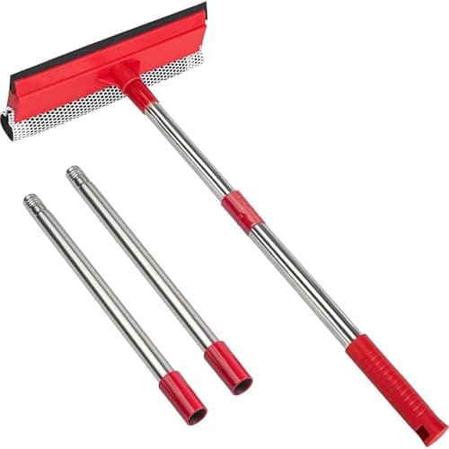 2-in-1 Window Squeegee with 30"-59" Stainless Steel Adjustable Handle - Glass Cleaner for Shower Doors, Car Windshield & High Outdoor Windows (Red)