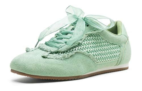 Vepose Women's Green Casual Dressy Retro Fashion Sneakers, Square Toe Suede Woven Raffia Lace Tennis Shoes, Comfortable Everyday Walking Vacation Travel Work 8205, Size 9 US(CJY8205 Green 09)