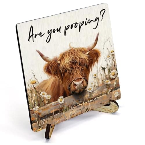 HSIASHENG Farmhouse Highland Cow Bathroom Wooden Sign Decor, Are You Pooping Highland Cow Wood Plaque Sign With Stand for Bathroom Washroom Restroom Toilet Shelf Counter Decoration, 5x5 Inch