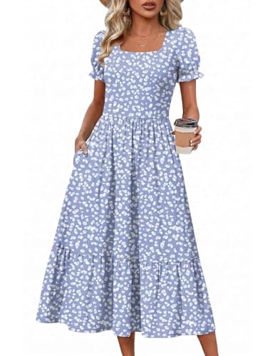 Zeagoo T-Shirt Dresses for Women Summer Midi Dress with Sleeve Womens Boho Dresses Puff Short Sleeve Sundresses Womens Flowy Tiered Dress M