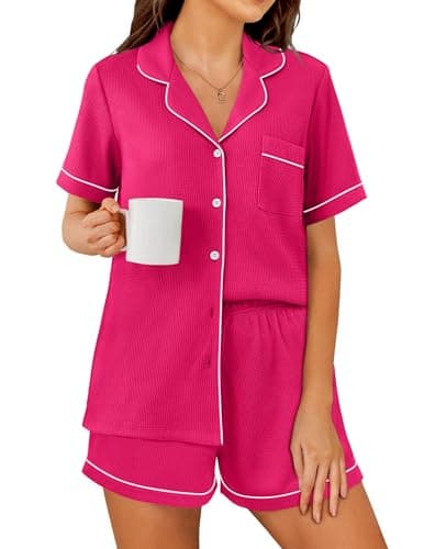 Ekouaer Womens Waffle Knit Pajama Sets Soft Short Sleeve Button Down Sleepwear Cozy 2 Piece Pjs Shorts Set,X-Large,Rose