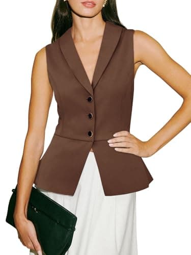 Tankaneo Womens V Neck Suit Vest Lapel Collar Button Down Sleeveless Blazer Slim Fit Work Casual Split Hem Waistcoat Dark Brown