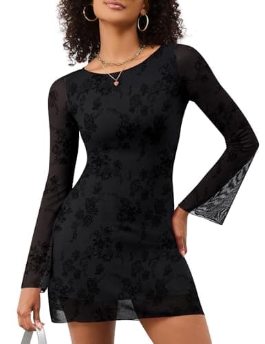LOMON Short Dress for Women Date Night Bell Long Sleeve Boat Neck Sexy Fashion Party Club Going Out Y2k Bodycon Mesh Mini Cocktail Short Dress Trendy Black Rose