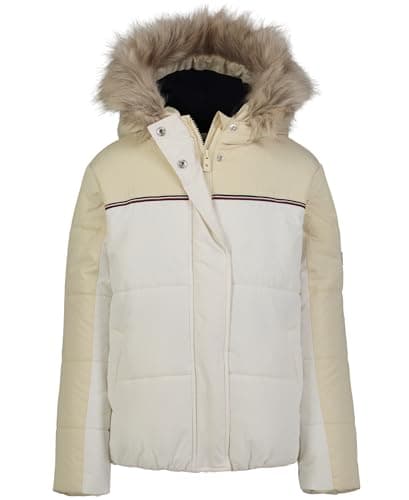 Tommy Hilfiger Girls' Short Length Heavyweight Puffer Jacket With Polar Fleece Lining & Faux Fur Hood, Egret Expedition, 8-10
