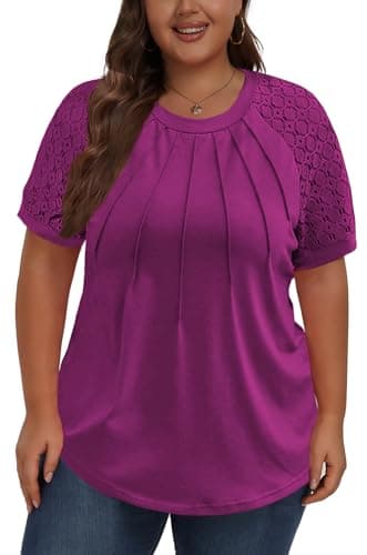 ForHailey Plus Size Womens Tops Summer Shirts Lace Puff Short Sleeve Tunic Tops Work Dressy Casual Blouse Purplish Red XX-Large