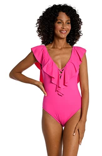 La Blanca Women's Island Goddess Over The Shoulder Ruffle Plunge One Piece, Pop Pink, 16