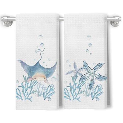 XUNLURY Coastal Starfish Coral Kitchen Towels, Coastal Beach Ocean Hand Towels for Kids Bathroom Decor, Blue Sea Animals Decorative Dish Tea Towels for Kitchen, 16x24 Inch Set of 2
