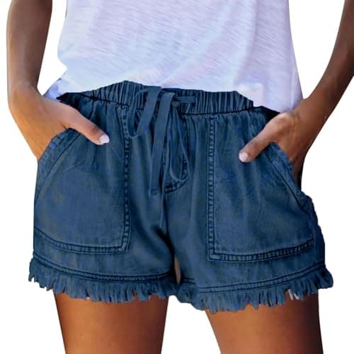 Womens Denim Shorts Elastic Waist Drawstring Jean Shorts Trendy High Waisted Distressed Raw Hem Summer Short Pull On Drawstring Jeans with Pockets Casual Stretchy Jeans Short Lightweight Womens Jorts