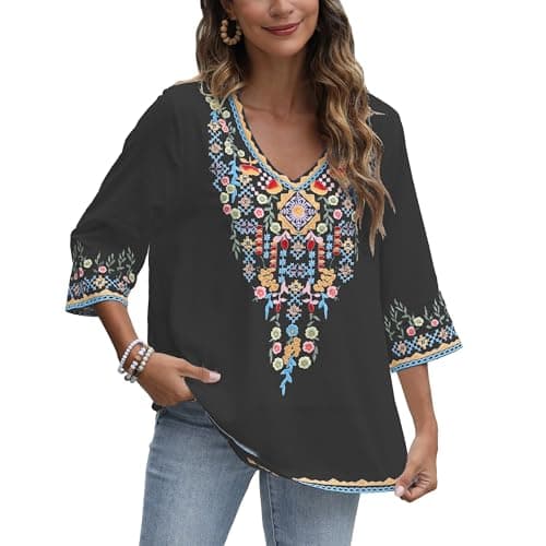 gosiea Mexican Embroidered Shirts for Women Bohemian Tops Peasant 3/4 Sleeve V Neck Shirt Tunic Blouses (054-Black, XL)