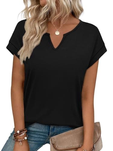 WIHOLL Oversized Tshirts for Women V Neck Summer Tops Cap Short Sleeve Shirts Loose Fit Spring Break Essentials Black XL