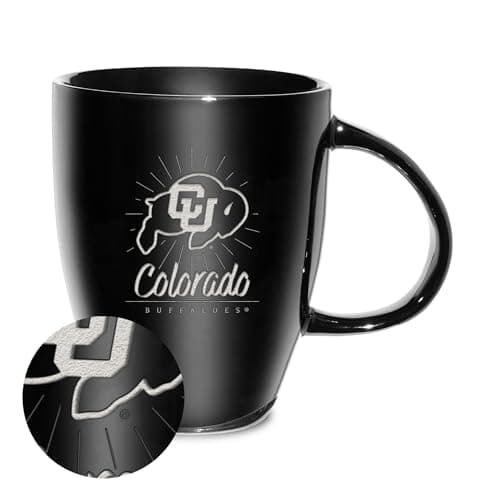 Rico Industries NCAA Colorado Buffaloes Sunburst Black 18oz Laser Engraved Ceramic Lustre Mug