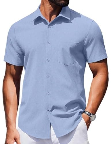 COOFANDY Mens Short Sleeve Casual Button Down Shirts Spring Summer Untucked Dress Wedding Shirts with Pocket Light Blue Small