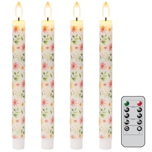 Lasumora Floral Flameless Taper Candles with Remote Timer, LED Taper Candles Battery Operated Warm 3D Wick Flickering, Real Wax CandleSticks, Wedding Birthday Christmas Decor