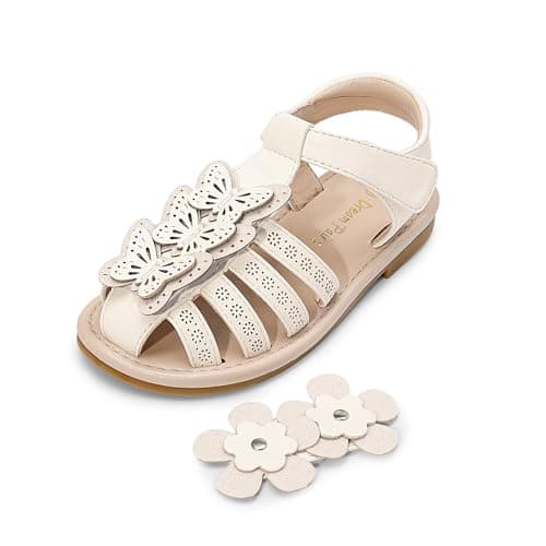 DREAM PAIRS Girls Sandals Closed-Toe Sandals with Interchangeable DIY Flower Dress Summer Shoes Toddler/Little Kid,Size 6 Toddler,Ivory-Pu,SDSD2310K