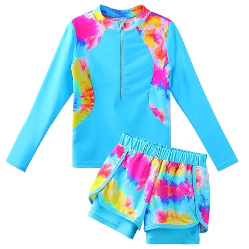 TFJH E Two Piece Girls Long Sleeve Swimsuits Rashguard Sunsuits UPF 50+ Bathing Suits Zipper Blue Tiedye 10A
