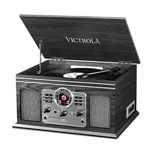 Victrola The Quincy 6-in-1 Bluetooth Record Player & Multimedia Center with Built-in Speakers – 3-Speed Turntable, CD & Cassette Player, FM Radio, Wireless Music Streaming (Grey Wood)