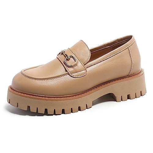 MACNMEUU Platform Loafers for Women Chunky Heel Lug Sole Loafers Slip ons Round Toe Nude, Size 9.5
