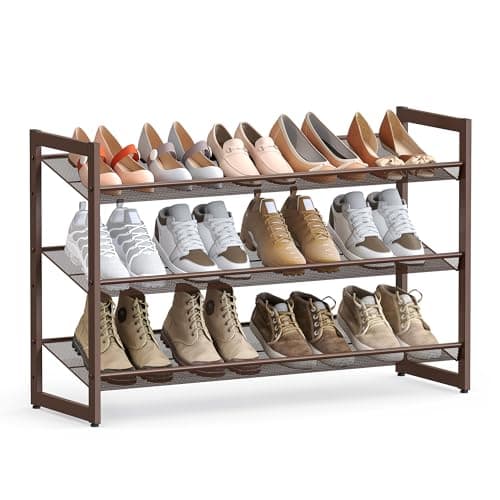 SONGMICS Shoe Rack, 3-Tier Shoe Organizer, Metal Shoe Storage for Garage, Stackable Shoe Shelf, with Adjustable Flat or Angled Shelves, 9-12 Pairs, Bronze ULMR03A