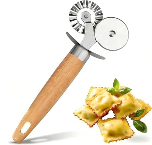 AOYYUBK Pasta Maker Cutter, Wooden Handle Dual Roller Pasta Machine for Ravioli Tortellini, Kitchen Tool with Patterned and Smooth Rollers
