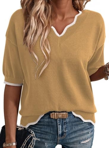 Dokotoo Short Sleeve Sweaters for Women Fall Tops Dressy Clothing Apricot L