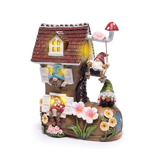 Hodao Spring Solar Gnomes Garden Decor - Whimsical Shoe House with Swinging Gnome, Hand-Painted Floral Base & Mushroom Swing for Porch, Yard, Flower Bed Garden Gifts for Women, Mom (Brown)