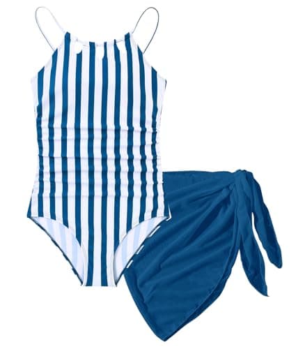 Cuddomper Girls Swimsiut Size 9-10 Blue and White Stripe One-Piece Bathing Suit with Blue Mesh Cover Ups Adjustable Straps Cut Out Retro Swimwear