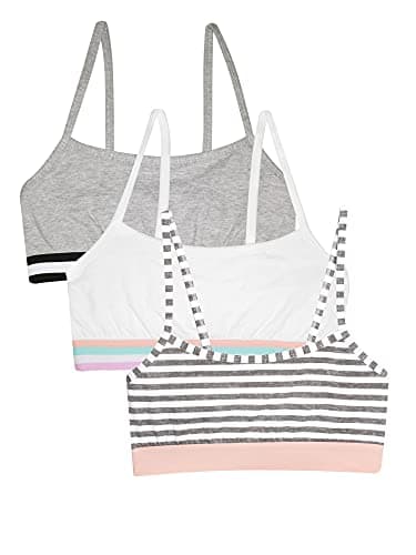 Fruit of the Loom Girls' 3 Pack Spaghetti Strap Sports Bra, Grey Stripe/Grey/White, 30